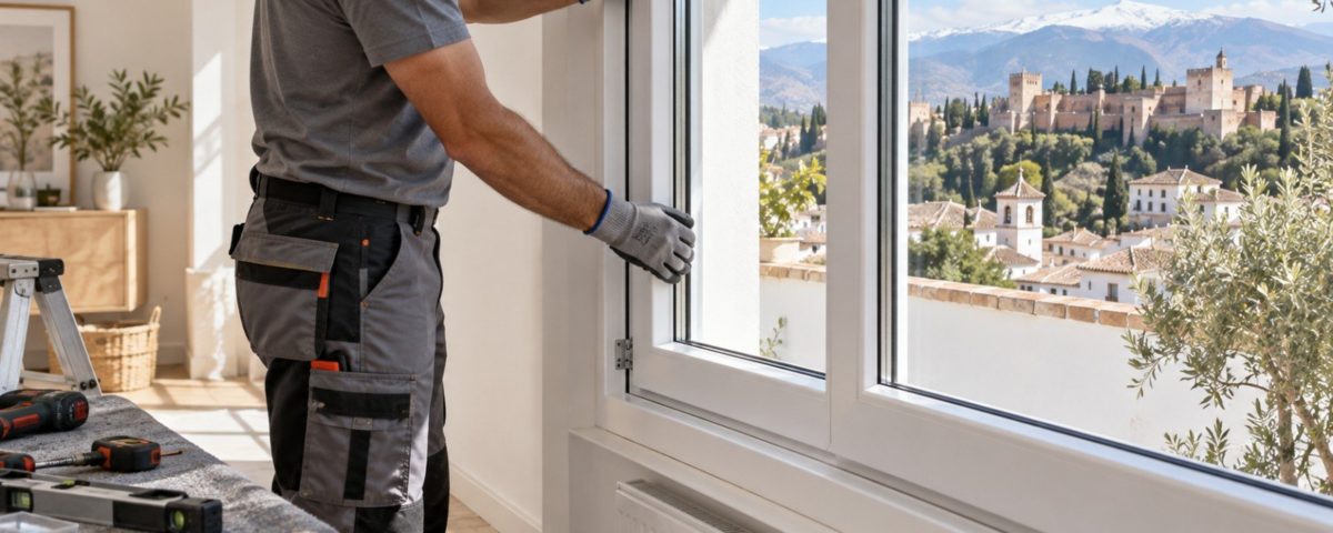 Instalador ajustando una ventana de PVC en una vivienda de Granada