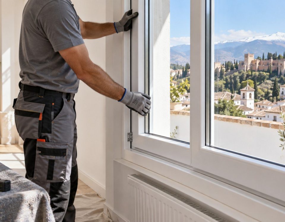 Instalador ajustando una ventana de PVC en una vivienda de Granada